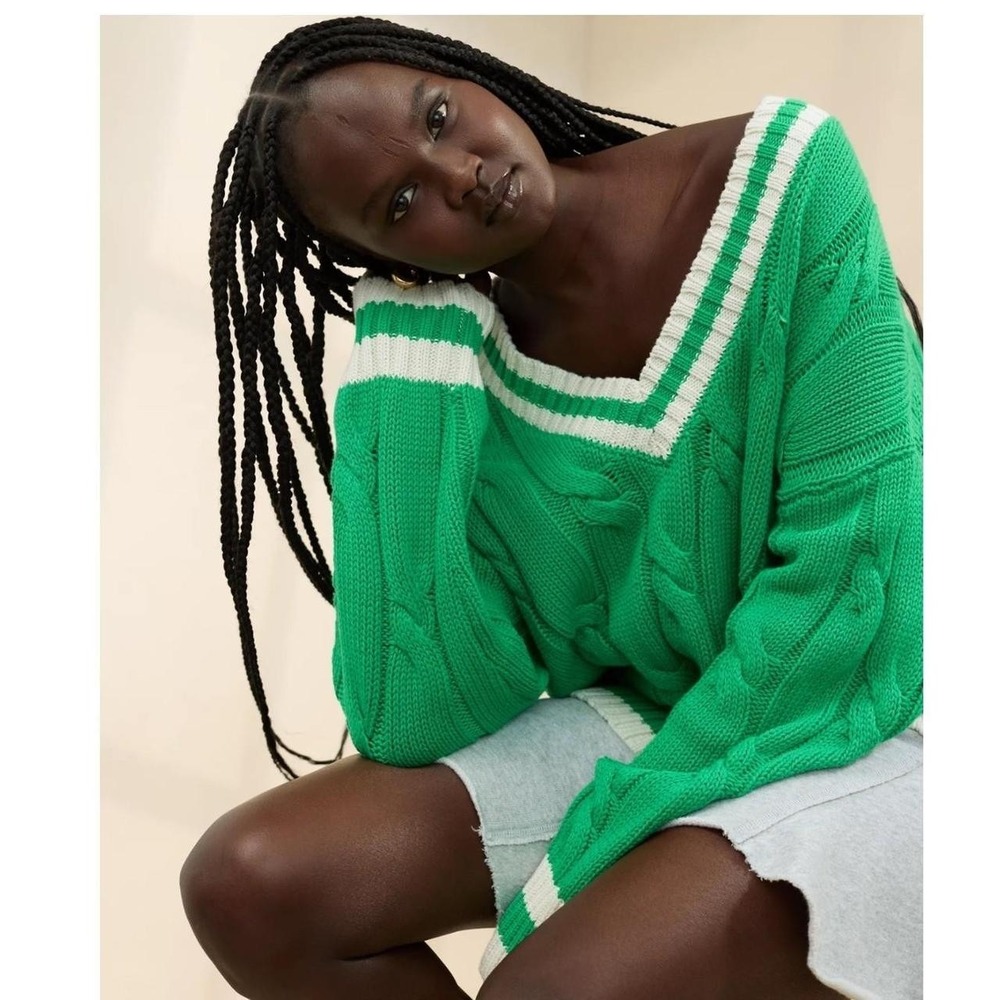 Aerie Cropped Cable V-Neck Sweater Green Mission Varsity Stripe Small Oversized